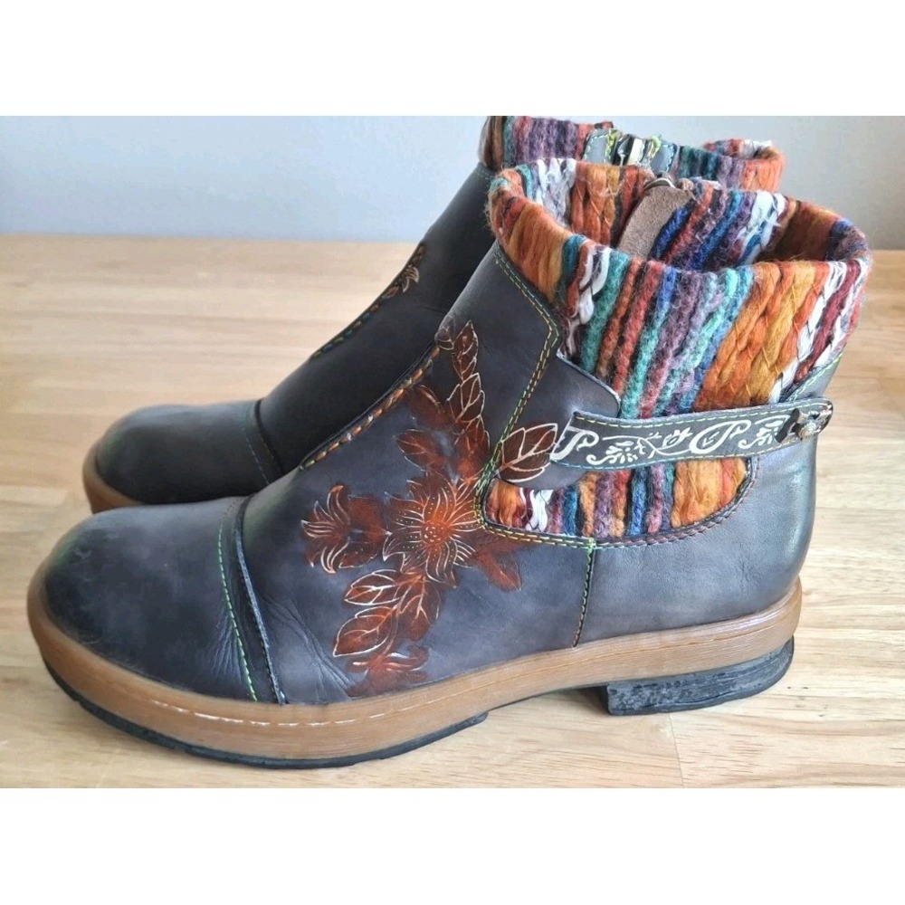 Socofy Blue Leather Floral Embroidered Knit Collar Ankle Boots Sz 41 Boho US 9.5